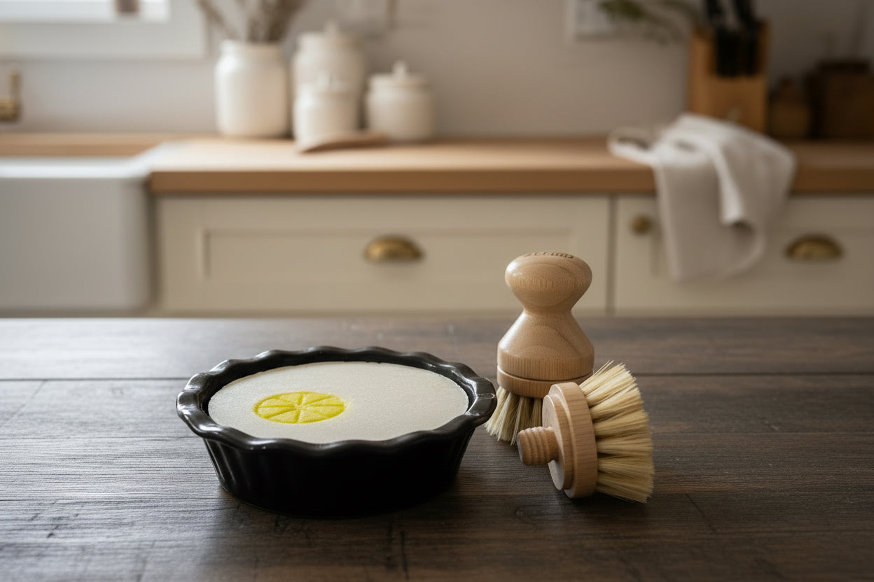 **SALE**Solid Dish Soap Gift Set with Black Mini Pie Ceramic & Bamboo Brush +replacement head