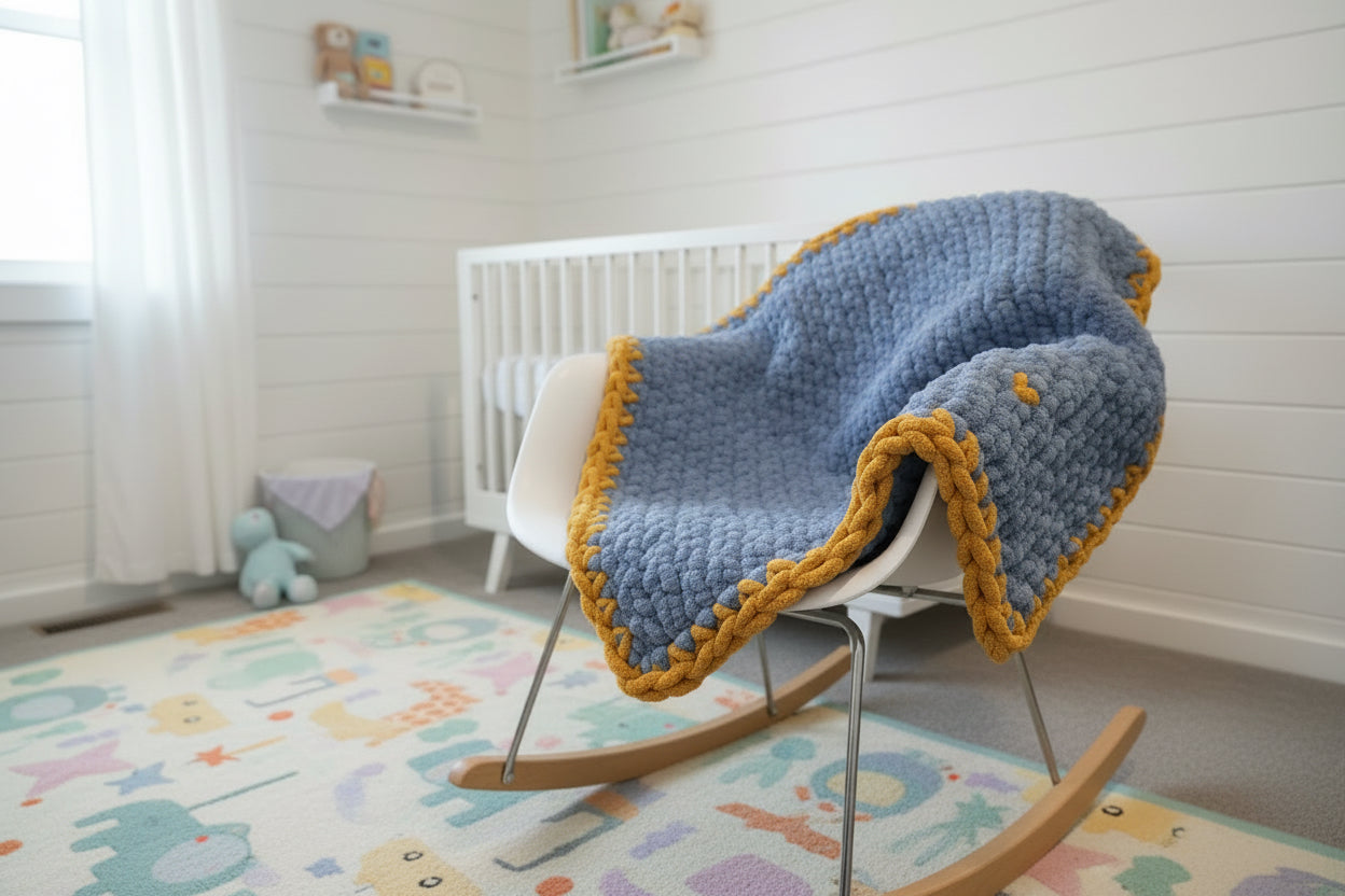 baby boy blanket, blue and yellow baby blanket, chunky chenille baby blanket
