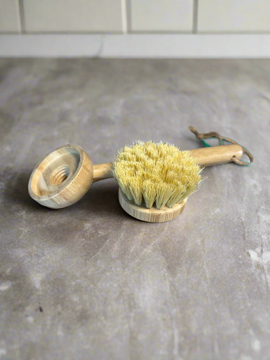 NEW Bamboo Long Handle Dish Brush with Replaceable Head