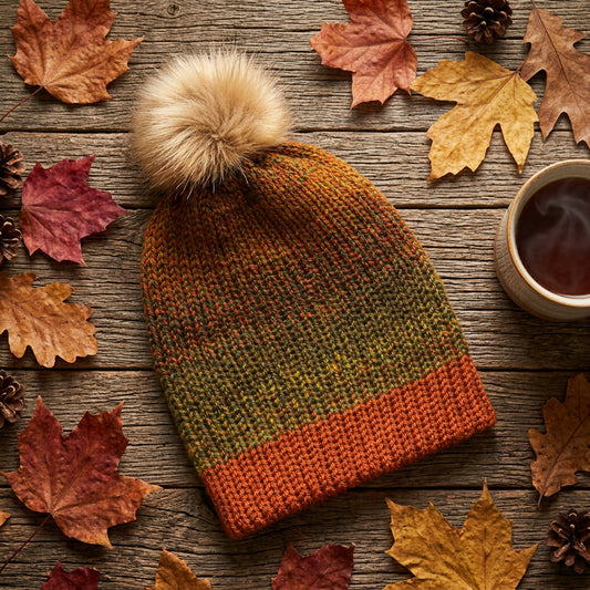 A hand-knit beanie hat featuring a striped pattern of orange, olive green, and brown, topped with a fluffy tan faux-fur pom-pom, displayed on a gray stone surface.